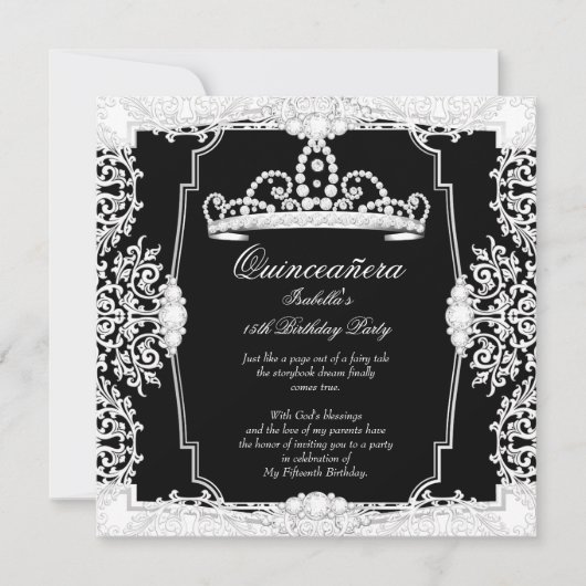 Quinceanera 15th Birthday Party Black White Lace Kaart (Voorkant)