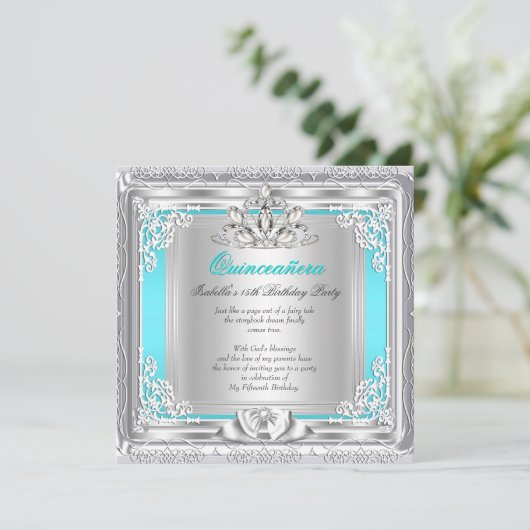 Quinceanera 15th Birthday Party Blauwgroen Silver Kaart (Staand voorkant)