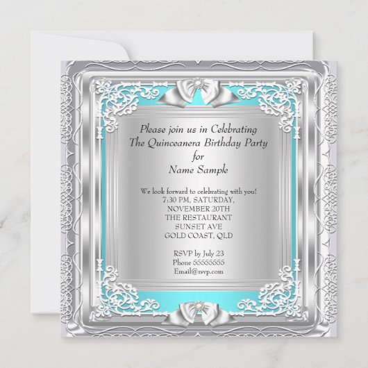 Quinceanera 15th Birthday Party Blauwgroen Silver Kaart (Achterkant)