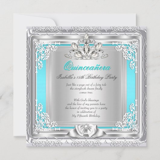 Quinceanera 15th Birthday Party Blauwgroen Silver Kaart (Voorkant)