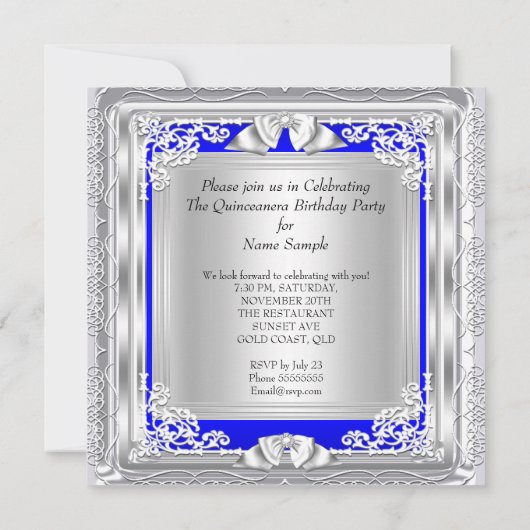 Quinceanera 15th Birthday Party Blue Silver Kaart (Achterkant)