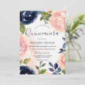 Quinceañera 15th Birthday Party Blush Navy Flowers Kaart (Staand voorkant)