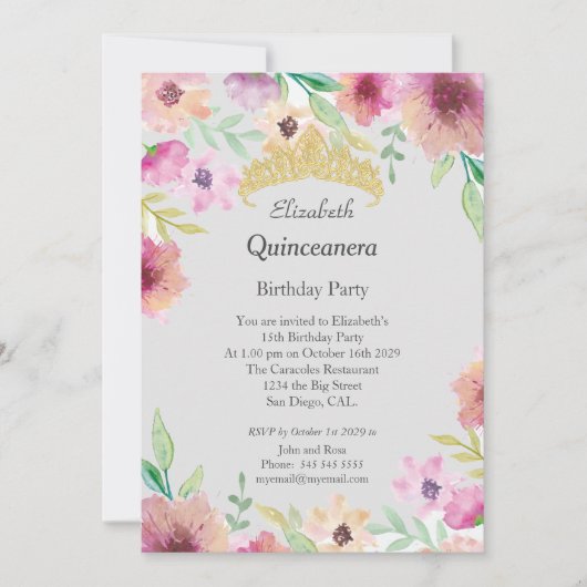 Quinceanera 15th Birthday Party Flowers Invitation Kaart (Voorkant)