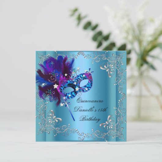 Quinceanera 15th Birthday Party Masquerade Blue Kaart (Staand voorkant)
