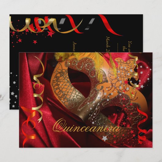 Quinceanera 15th Birthday Party Red Black Mask 3 Kaart (Voorkant / Achterkant)