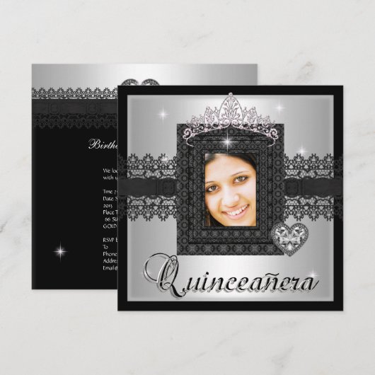 Quinceanera 15th Birthday Party Silver Black Lace Kaart (Voorkant / Achterkant)