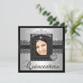 Quinceanera 15th Birthday Party Silver Black Lace Kaart (Staand voorkant)