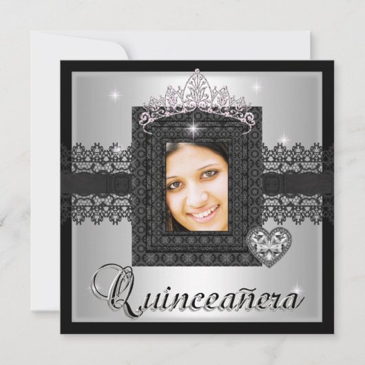 Quinceanera 15th Birthday Party Silver Black Lace Kaart (Voorkant)