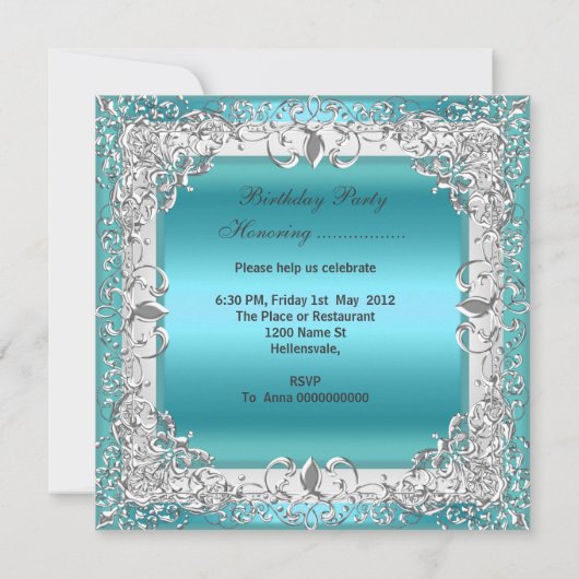 Quinceanera 15th Birthday Party Silver Blauwgroen Kaart (Achterkant)