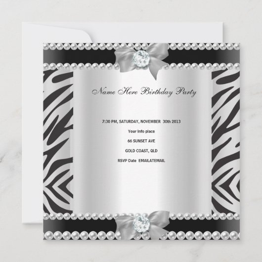 Quinceanera 15th Birthday Party Zebra Black White Kaart (Achterkant)