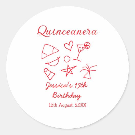 Quinceanera 15th birthday red beach party tree sun ronde sticker (Voorkant)
