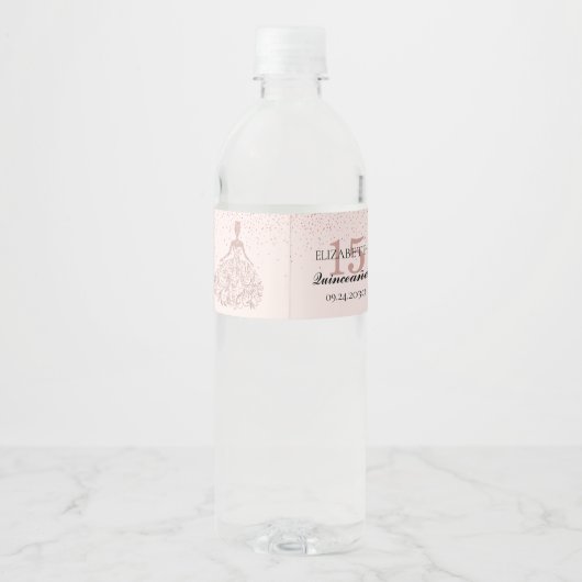 Quinceanera 15th Birthday Roos Gold Sparkle Dress Waterfles Etiket (Achterkant)