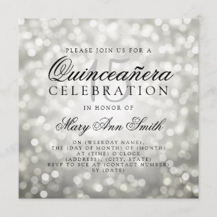 Quinceanera 15th Birthday Silver Bokeh Lights Kaart