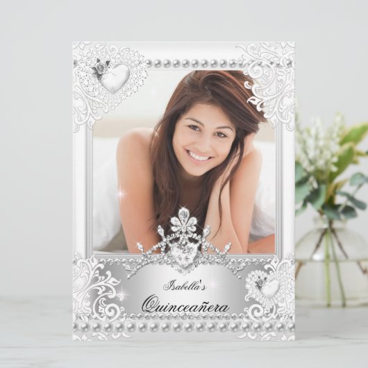 Quinceanera 15th Birthday Silver White Hearts 3 Kaart (Staand voorkant)