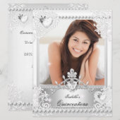 Quinceanera 15th Birthday Silver White Hearts 3 Kaart (Voorkant / Achterkant)