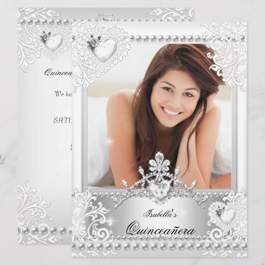 Quinceanera 15th Birthday Silver White Hearts 3 Kaart (Voorkant / Achterkant)