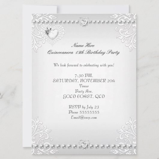 Quinceanera 15th Birthday Silver White Hearts 3 Kaart (Achterkant)