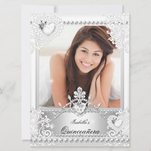 Quinceanera 15th Birthday Silver White Hearts 3 Kaart (Voorkant)