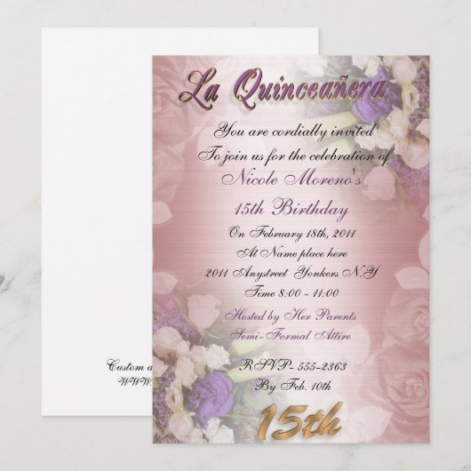 Quinceanera 15th birthday uitnodiging elegant (Voorkant / Achterkant)
