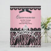 Quinceanera 15th Black Pink Zebra Tiara Kaart (Staand voorkant)