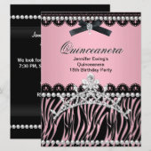 Quinceanera 15th Black Pink Zebra Tiara Kaart (Voorkant / Achterkant)