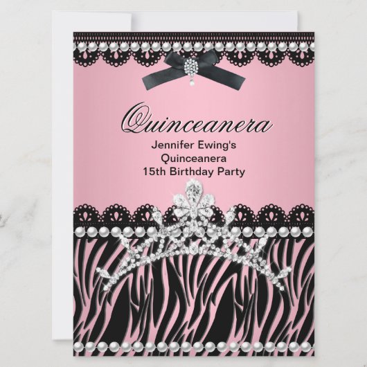 Quinceanera 15th Black Pink Zebra Tiara Kaart (Voorkant)