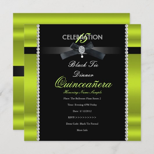 Quinceanera 15th Black Stropdas Lime Green Black P Kaart (Voorkant / Achterkant)