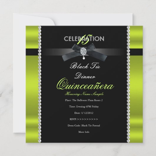 Quinceanera 15th Black Stropdas Lime Green Black P Kaart (Voorkant)