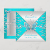 Quinceanera 15th Blauwgroen Blue Silver Butterfly  Kaart (Voorkant / Achterkant)