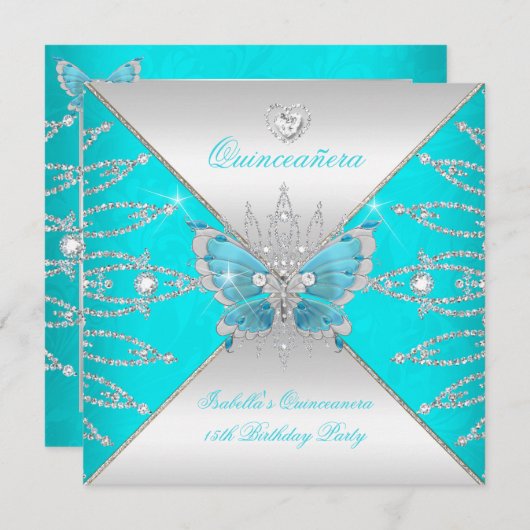 Quinceanera 15th Blauwgroen Blue Silver Butterfly  Kaart (Voorkant / Achterkant)