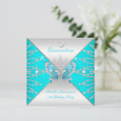 Quinceanera 15th Blauwgroen Blue Silver Butterfly  Kaart (Staand voorkant)
