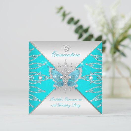 Quinceanera 15th Blauwgroen Blue Silver Butterfly  Kaart (Staand voorkant)