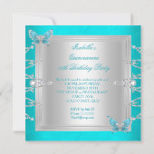 Quinceanera 15th Blauwgroen Blue Silver Butterfly  Kaart (Achterkant)