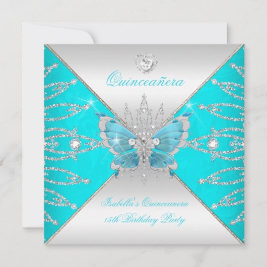 Quinceanera 15th Blauwgroen Blue Silver Butterfly  Kaart (Voorkant)