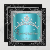 Quinceanera 15th Blauwgroen Blue Silver Tiara Blac Kaart (Voorkant / Achterkant)