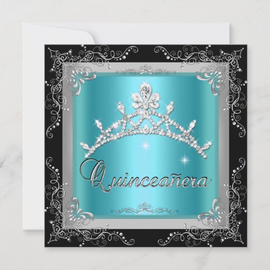 Quinceanera 15th Blauwgroen Blue Silver Tiara Blac Kaart (Voorkant)