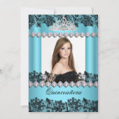 Quinceanera 15th Blue Black White Lace Foto Kaart (Voorkant)