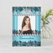 Quinceanera 15th Blue Black White Lace Foto Kaart (Staand voorkant)