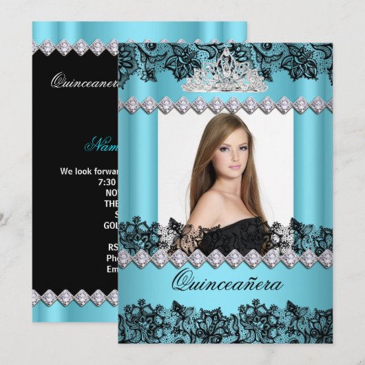 Quinceanera 15th Blue Black White Lace Foto Kaart (Voorkant / Achterkant)