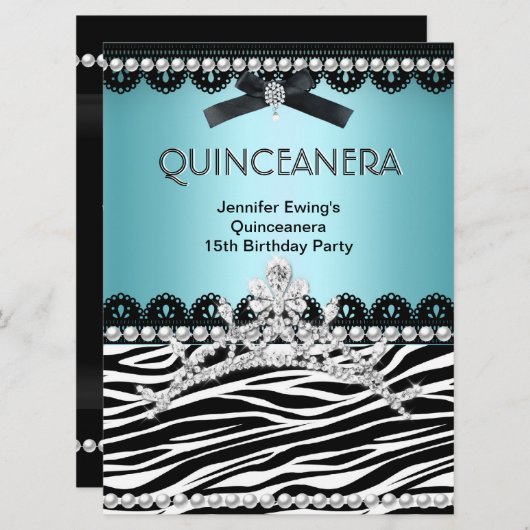 Quinceanera 15th Blue Blauwgroen Black Zebra Tiara Kaart (Voorkant / Achterkant)