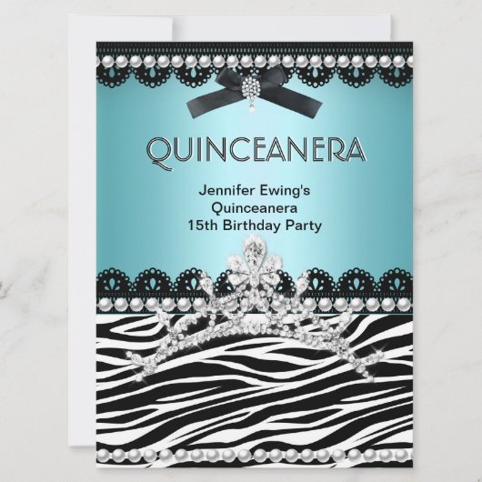 Quinceanera 15th Blue Blauwgroen Black Zebra Tiara Kaart (Voorkant)