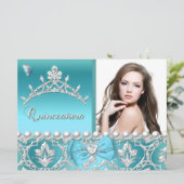 Quinceanera 15th Blue Damask Butterfly Add Photo Kaart (Staand voorkant)