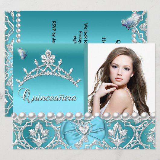 Quinceanera 15th Blue Damask Butterfly Add Photo Kaart (Voorkant / Achterkant)