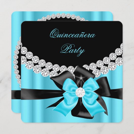Quinceanera 15th Blue Silver Black Bow Diamonds 2 Kaart (Voorkant / Achterkant)