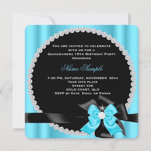 Quinceanera 15th Blue Silver Black Bow Diamonds 2 Kaart (Achterkant)