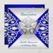 Quinceanera 15th Blue Silver Butterfly Tiara Kaart (Voorkant / Achterkant)