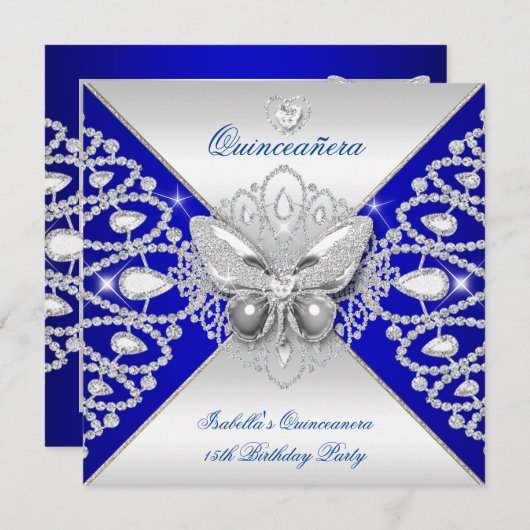 Quinceanera 15th Blue Silver Butterfly Tiara Kaart (Voorkant / Achterkant)