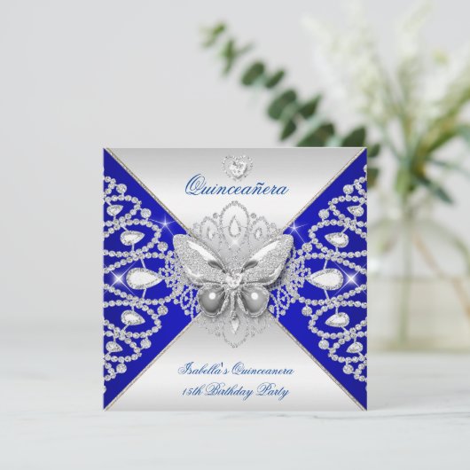 Quinceanera 15th Blue Silver Butterfly Tiara Kaart (Staand voorkant)
