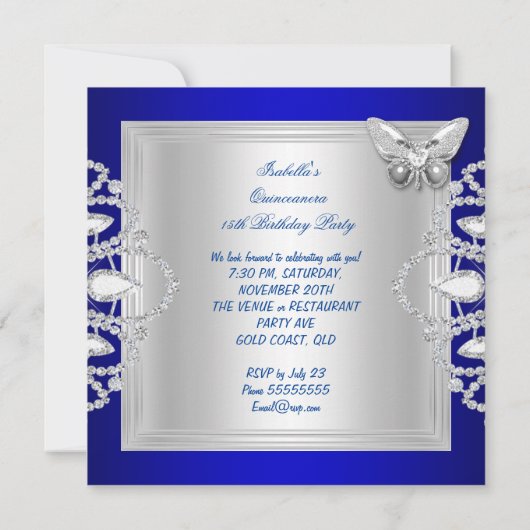 Quinceanera 15th Blue Silver Butterfly Tiara Kaart (Achterkant)