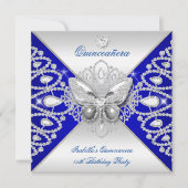 Quinceanera 15th Blue Silver Butterfly Tiara Kaart (Voorkant)